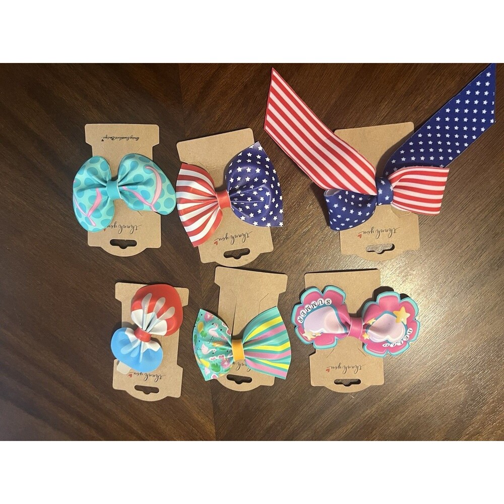 Girls Red, White & Blue Patriotic Hair Bows W/Alligator Clip Set Of 6